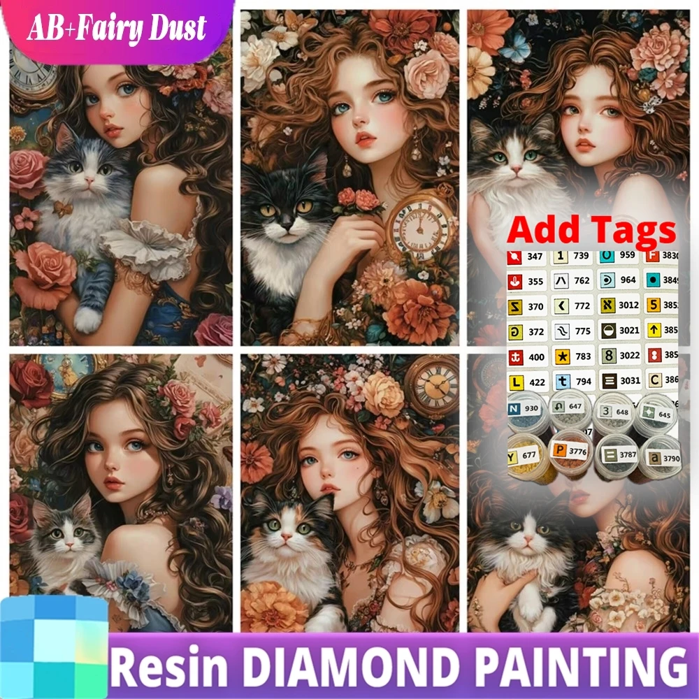 

Resin Fairy Dust AB 5D DIY Diamond Painting Beautiful Girl And Cute Cat Pictures Sqaure Round Drill Handwork Diamond Mosaic Home