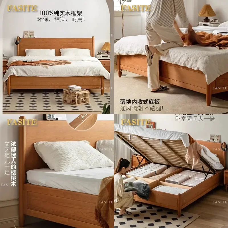For Cherry Wood Box Bed Pure Solid Wood Bedroom Master Bedroom Storage Bed Nordic Simple Style