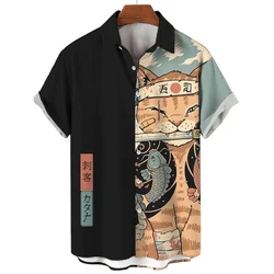 Camisa Samurai Cat de manga curta masculina, tops casuais, blusa de botões soltos, camisas havaianas, roupas da moda legal, nova, verão