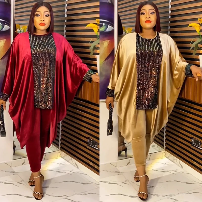 

MD Plus Size African Clothes for Women 2023 Autumn Ankara Dashiki Sequin Outfits Fashion Velvet Tops Pants Trousers Party Suits