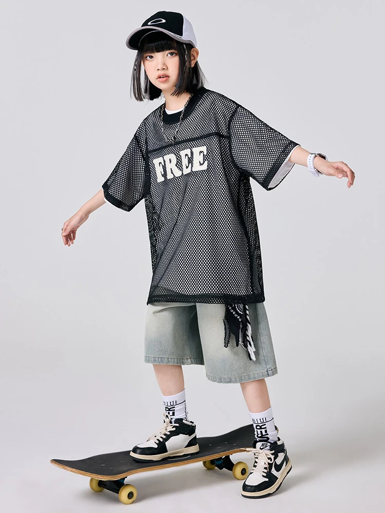 Crianças jazz dança terno solto hip hop dança streetwear manga curta dobrar através topos jeans dança de rua desempenho wear dn20353