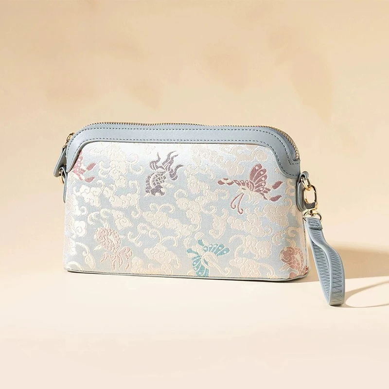 Genuine Cowhide Song Brocade Crossbody Bag, Traditional Chinese Craft Oriental Handbag for Qipao Matching