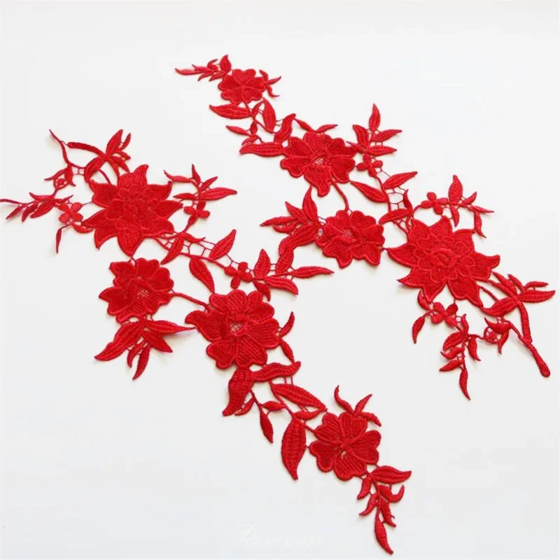 5 pares/10 piezas hermoso vestido de novia rojo bordado Floral parches de costura apliques de encaje adornos de flores manualidades DIY 45X17cm