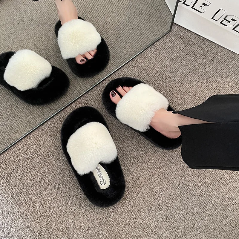 العصرية شعر النعال للنساء 2024 الخريف الشتاء جمع أفخم سميكة القاع المنزل كسول كلمة واحدة نعال من القطن للخارجية