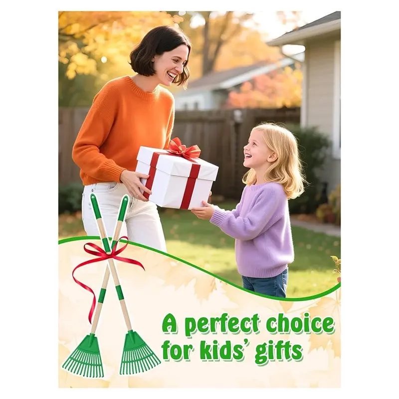 AB47-Safe To Use 2 Pcs Kids Rakes With Wood Handle-34" Light Plastic Garden Rake For Leaves, Kid Yard Tools