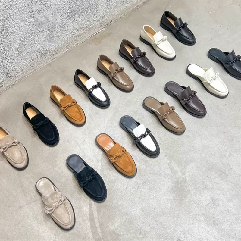 Metal Buckle Half Slippers For Women Retro High Quality Genuine Leather Mule Shoes Comfortable Flat Man And Women Designer Shoes view 6
