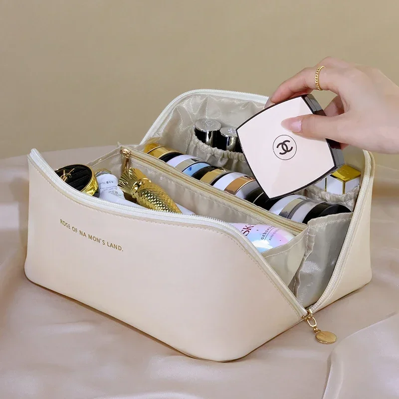 Leather Large Capacity Travel Makeup Bag Cosmetic Bag Portable Women Case Waterproof Toiletry Organizer Storage Bag