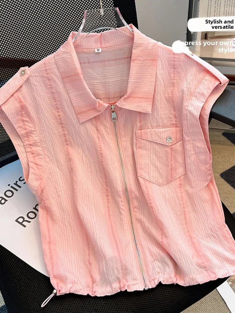 

Женская летняя модная рубашка Dopaamine с короткими рукавами и молнией, полосатая рабочая рубашка, уникальный топ в корейском стиле, свободный крой, повседневная одежда