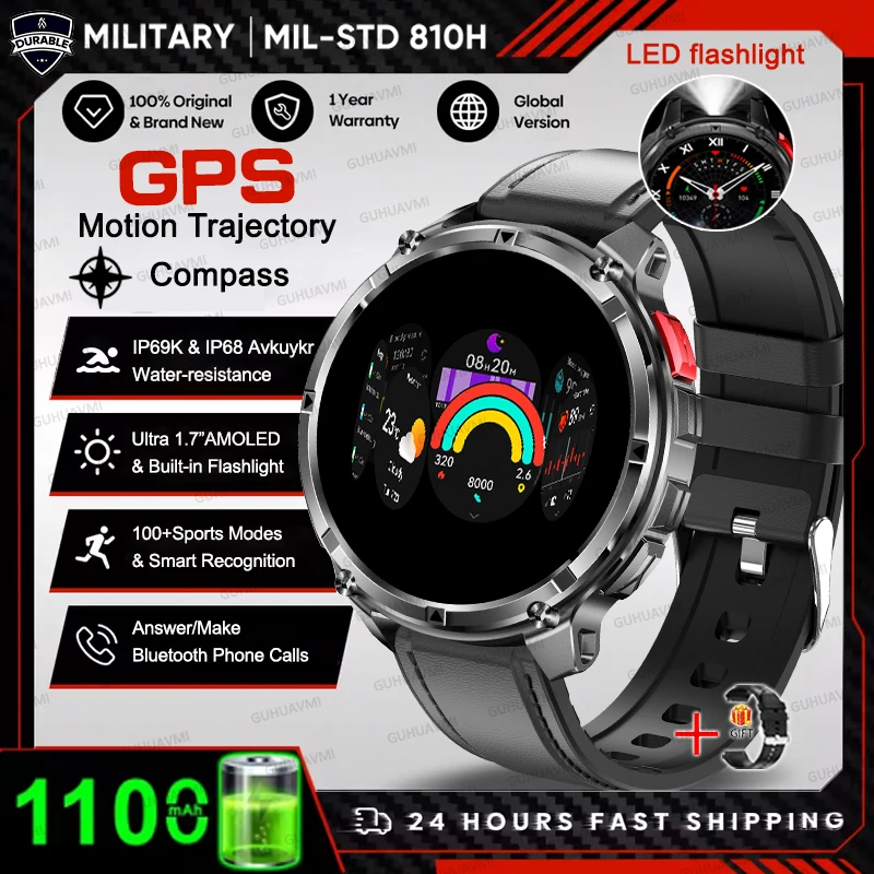 2026 HOT Nieuwe Sport Smartwatch 1100mAh Grote Batterij Duurzaam Kompas 10ATM Waterdicht Tactisch 170+ Sporten BT Oproep Smartwatch Heren