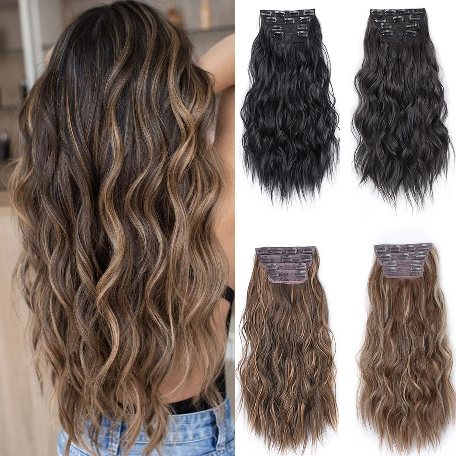 Synthetic Clips In Hair Long Wavy Clip In Hair Extensions 4Pcs/Pack 11Clips In Hair Pieces For Women 20Inch Fake Hairpieces