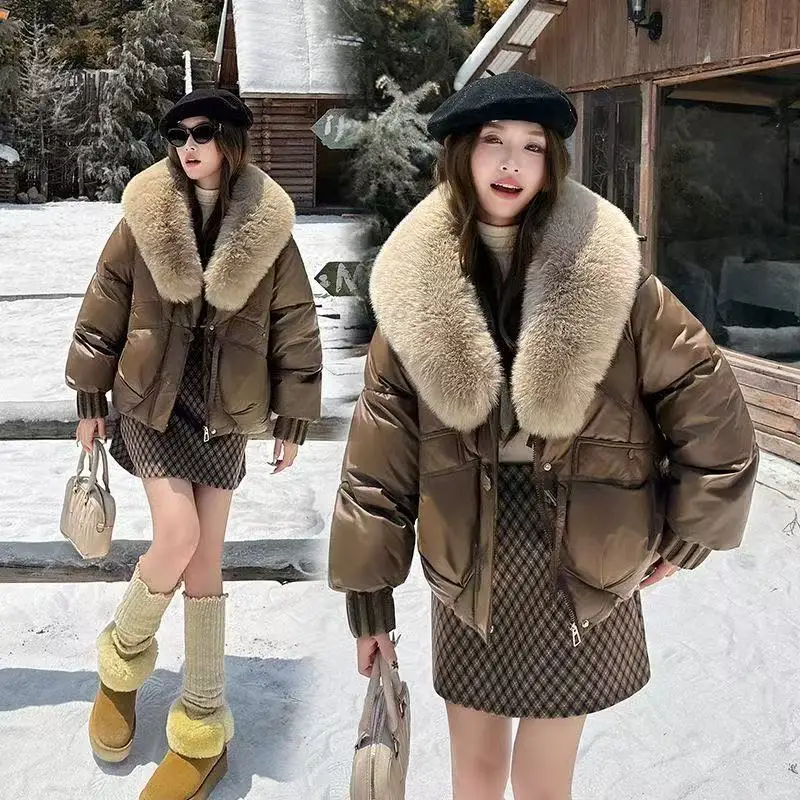 Zwaar haar revers Koreaanse katoenen gewatteerde damesjas 2025 mode nieuwe korte parka jassen bontkraag winter brood gewatteerde jassen