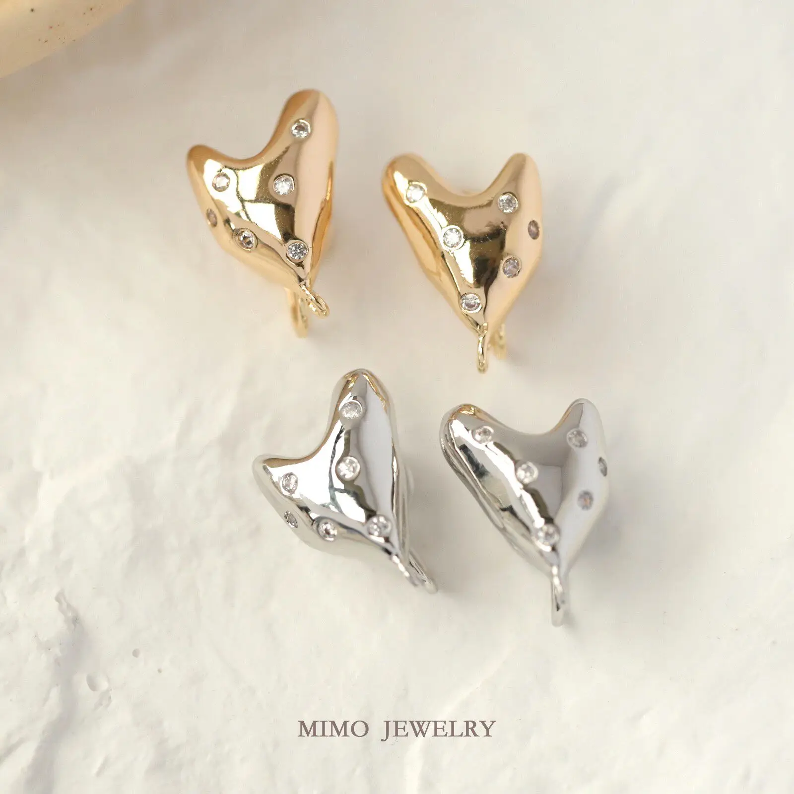Copper-plated Real Gold Symmetrical Smooth Irregular Zircon Love Stud Earrings, Earclips DIY Handmade Accessories