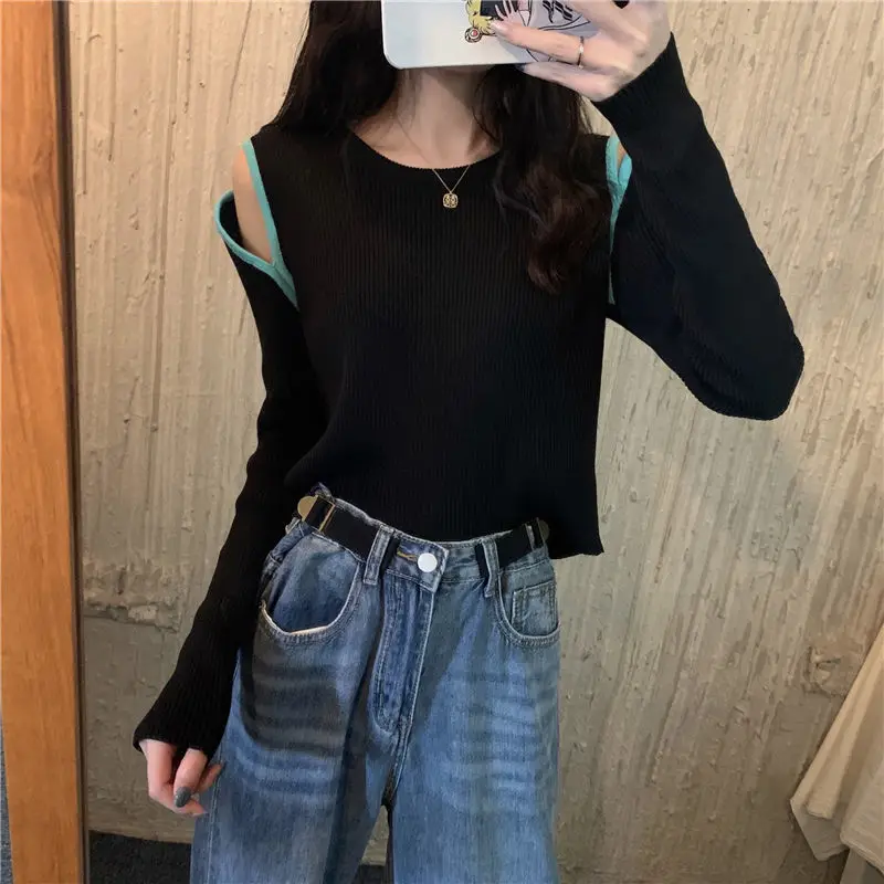 Off Shoulder Spliced Pullovers Women's Clothing Contrasting Colors Autumn Winter Korean Basic O-Neck Long Sleeve Knitted T-shirt