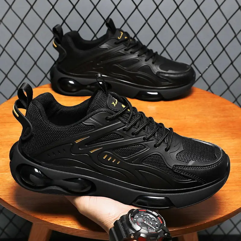 

2025 New Black Men Running Shoes Breathable Mesh Casual Shoes Anti-slip Lace-up Platform Sneakers for Men Summer Tennis Trainers