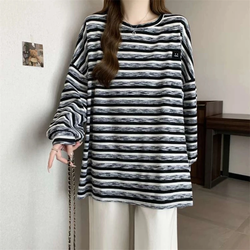 

Loose Long Sleeve Striped High Street Tops Tees Spring Autumn New O-neck Lazy Style T Shirts Fashion Casual Trend Women Clothing