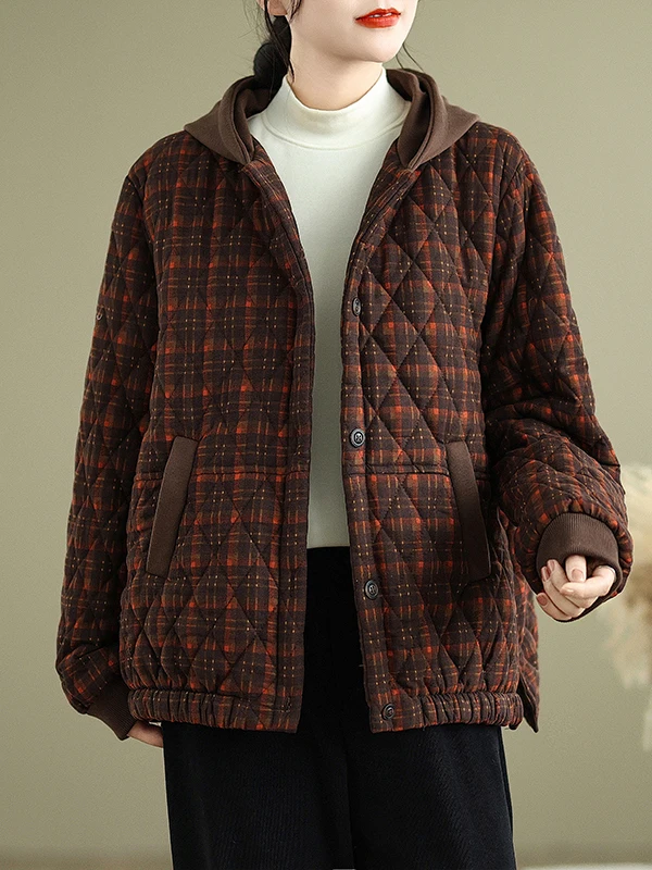 

Retro Hooded Faion Loose Cotton Jaet Women's 2025 Autumn Winter High End Korean Sle Large Size Printed Diamond Pattern ...