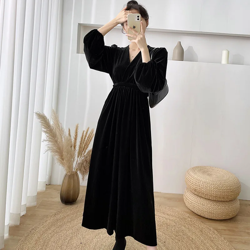 Autumn Winter Plus Size Maternity Dress Full Sleeve V Neck Pregnancy Long Dress For Pregnant Women Black Pleuche Evening Clothes