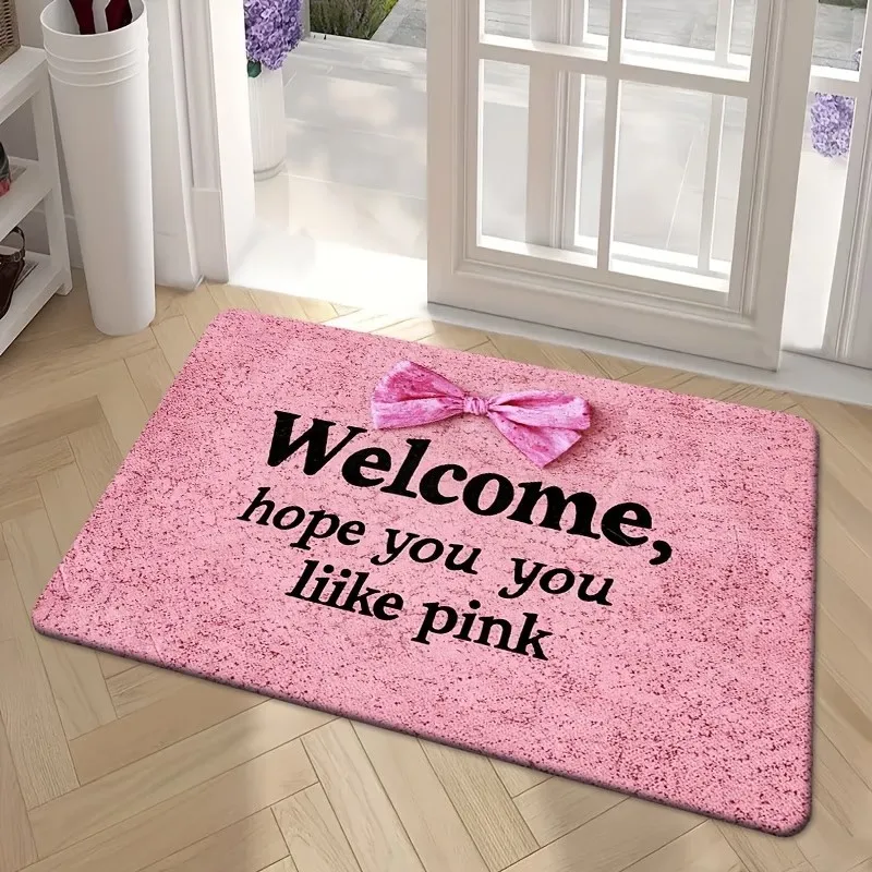 Pink Welcome Hope You Like Pink Doormat Cute Bow Accent Design Non-Slip Floor Mat for Girly Entryway