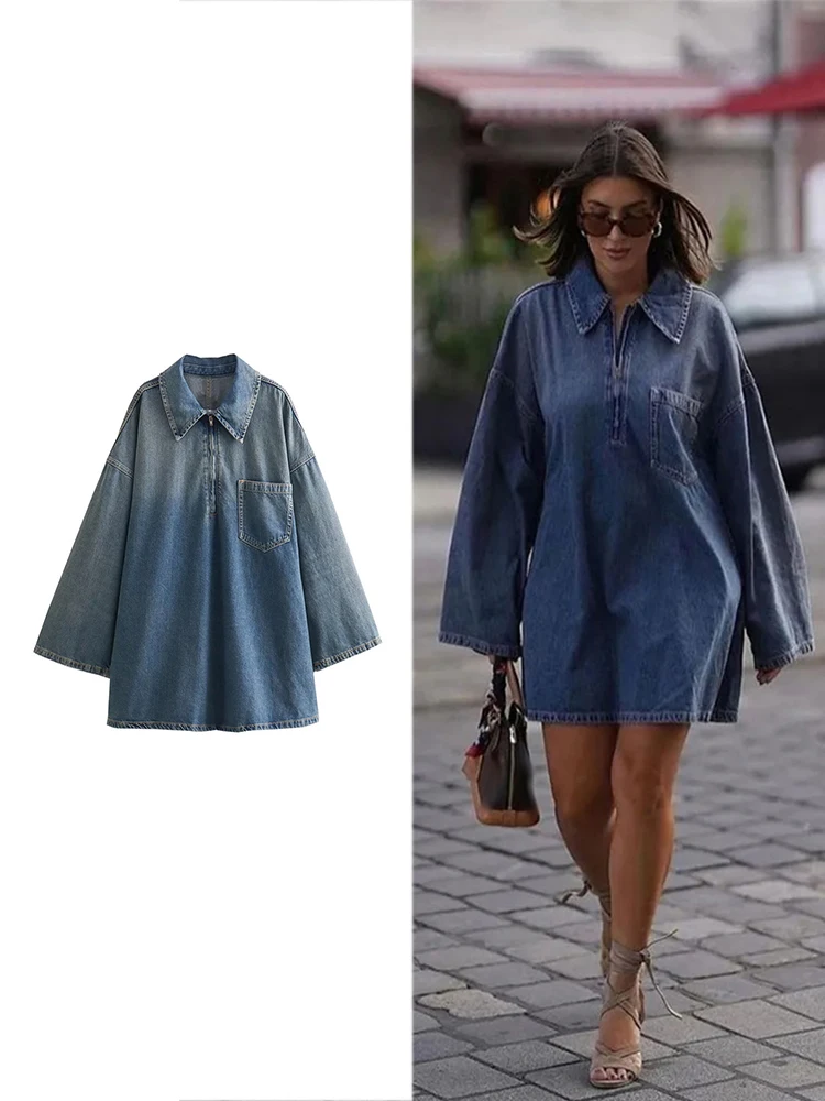 ZABA Women\'s Denim Dresses Lapel Zip Mini Long Sleeve Dresses Fashion Casual Loose Patch Pocket Party Commuter Denim Dresses