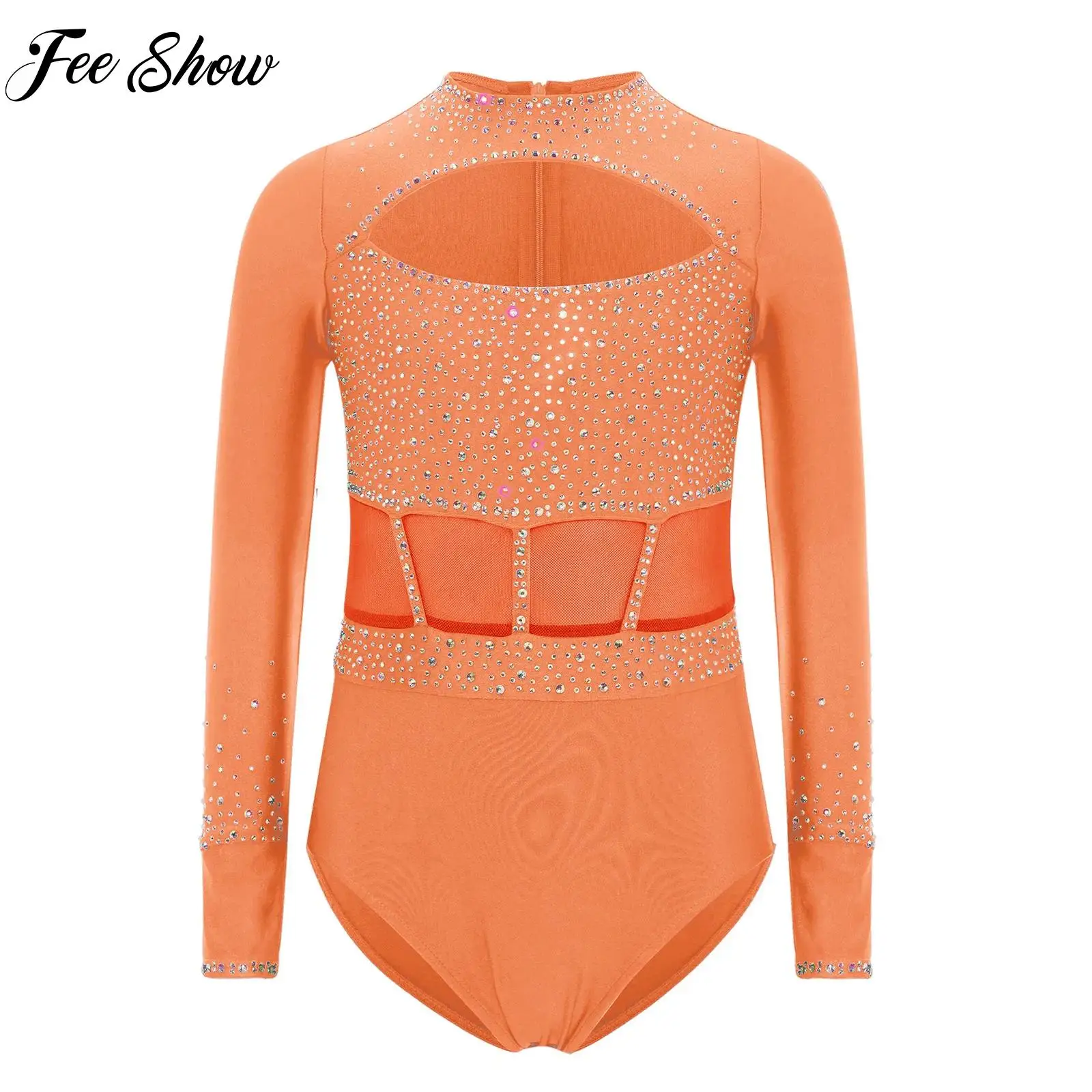 

Sparkly Rhinestones Rhythmic Gymnastics Leotard Girls Ballet Dance Unitard Long Sleeve Cutout Front Bodysuit Child Party Costume