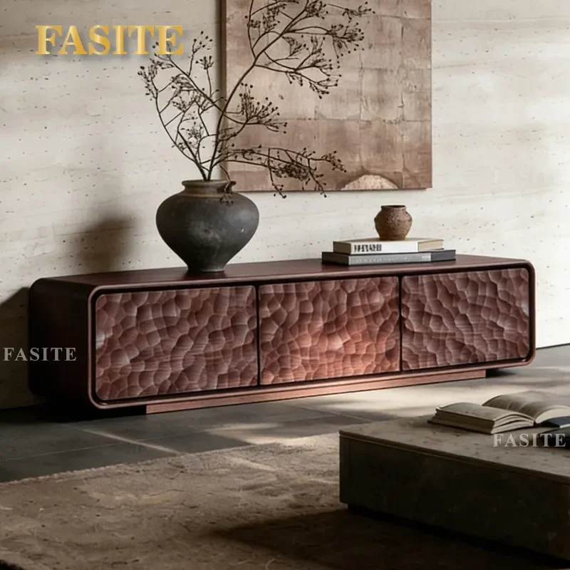 For Medieval Style Solid Wood Walnut TV Cabinet Hammer Pattern Living Room Floor Storage Unit Household Furniture