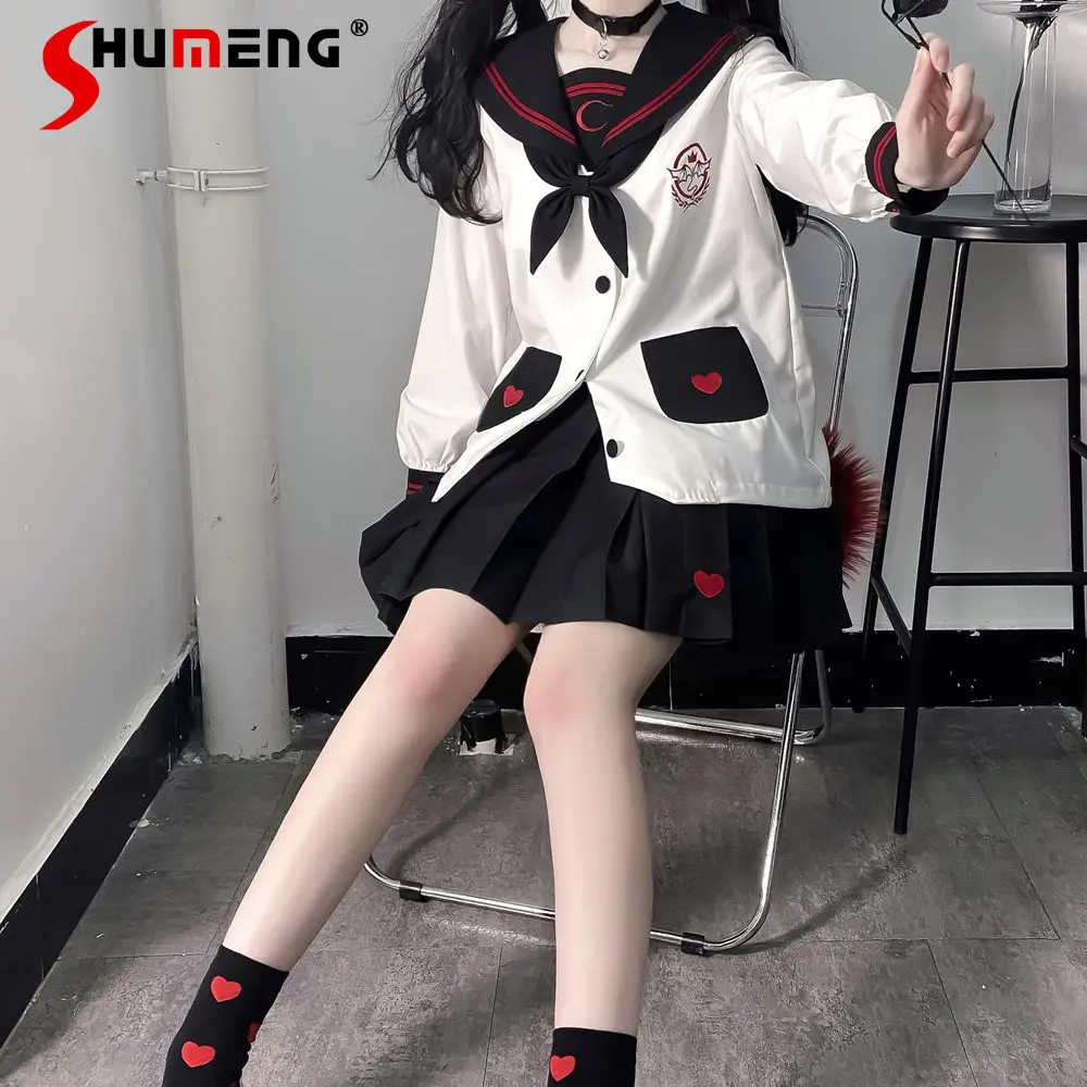 Original Cute Jk Uniform Suit Japanese College Style Sweet Long Sleeve Sailor Suit Top Short Pleated Black Skirt 2 Pieces Set