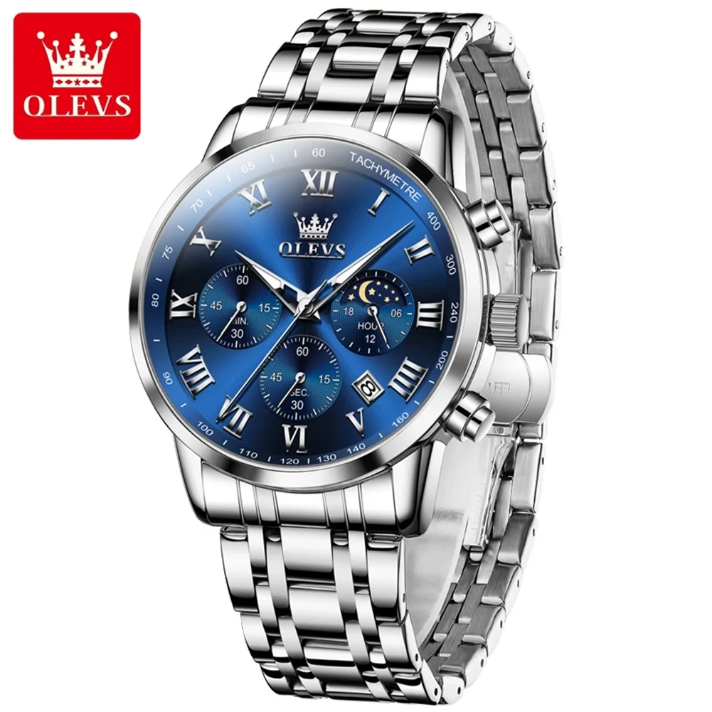 OLEVS 5529 Moon Phase Quartz Watch For Men Chronograph Stainless Steel Waterproof Watches Luxury Original Roman Scale Man Watch