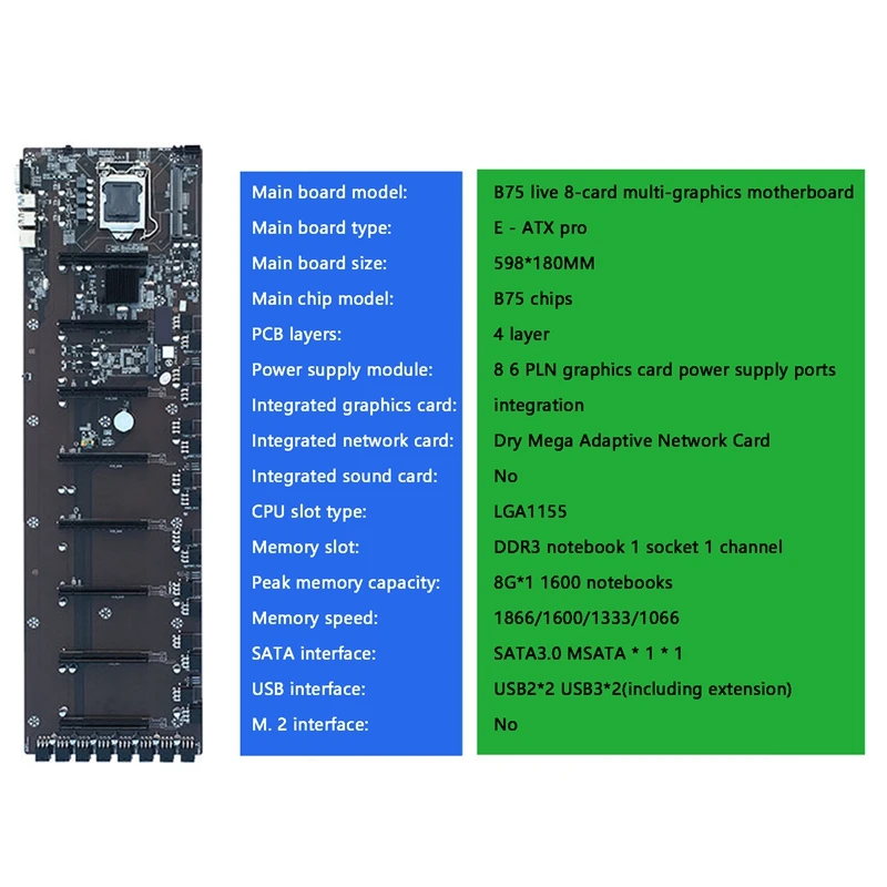 B75 Miner Motherboard LGA 1155 8XPCI-E 16X Graphics Card Slot 65Mm Spacing For ETH BTC Miner Mining