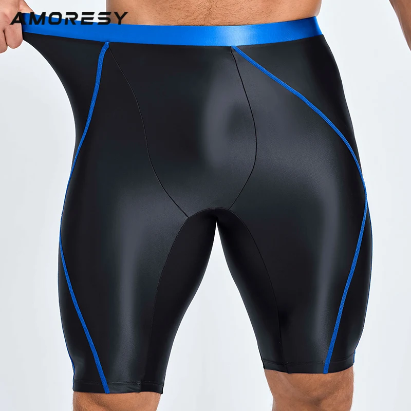 AMORESY pantaloncini da motociclista sportivi al ginocchio in raso lucido serie Pantaloni fitness per il tempo libero ciclismo wrestling pantaloni yoga lisci a cinque punti