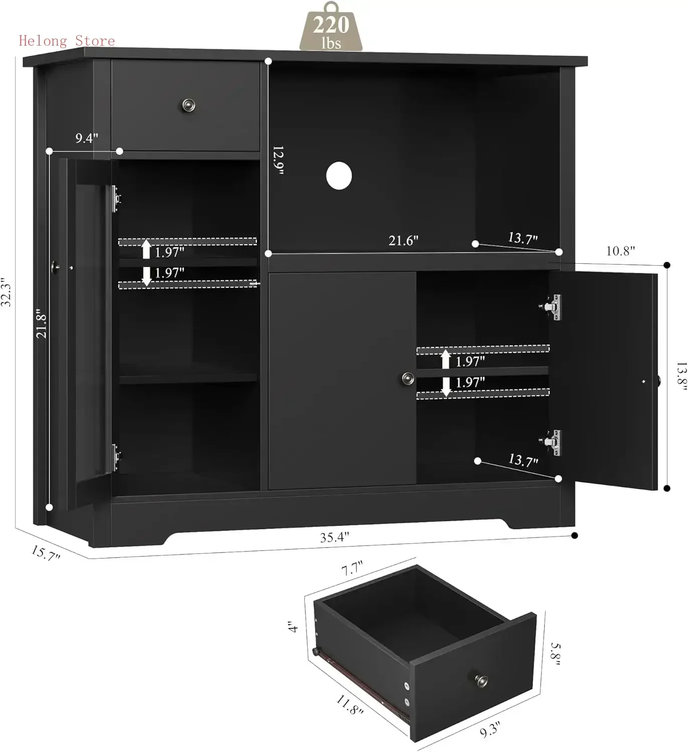 [XMSJ]Microwave Cabinet, Kitchen Storage Cabinet with 3 Doors and 1 Drawer, Buffet Sideboard with Adjustable Shelves, Microwave