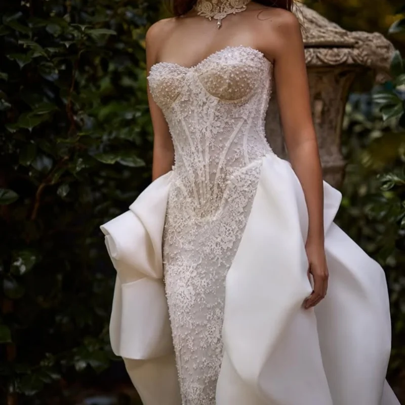 

Свадебные платья с аппликацией «рыбий хвост» цвета слоновой кости, расшитые бисером, кружевные многослойные свадебные платья с открытыми плечами, на заказ