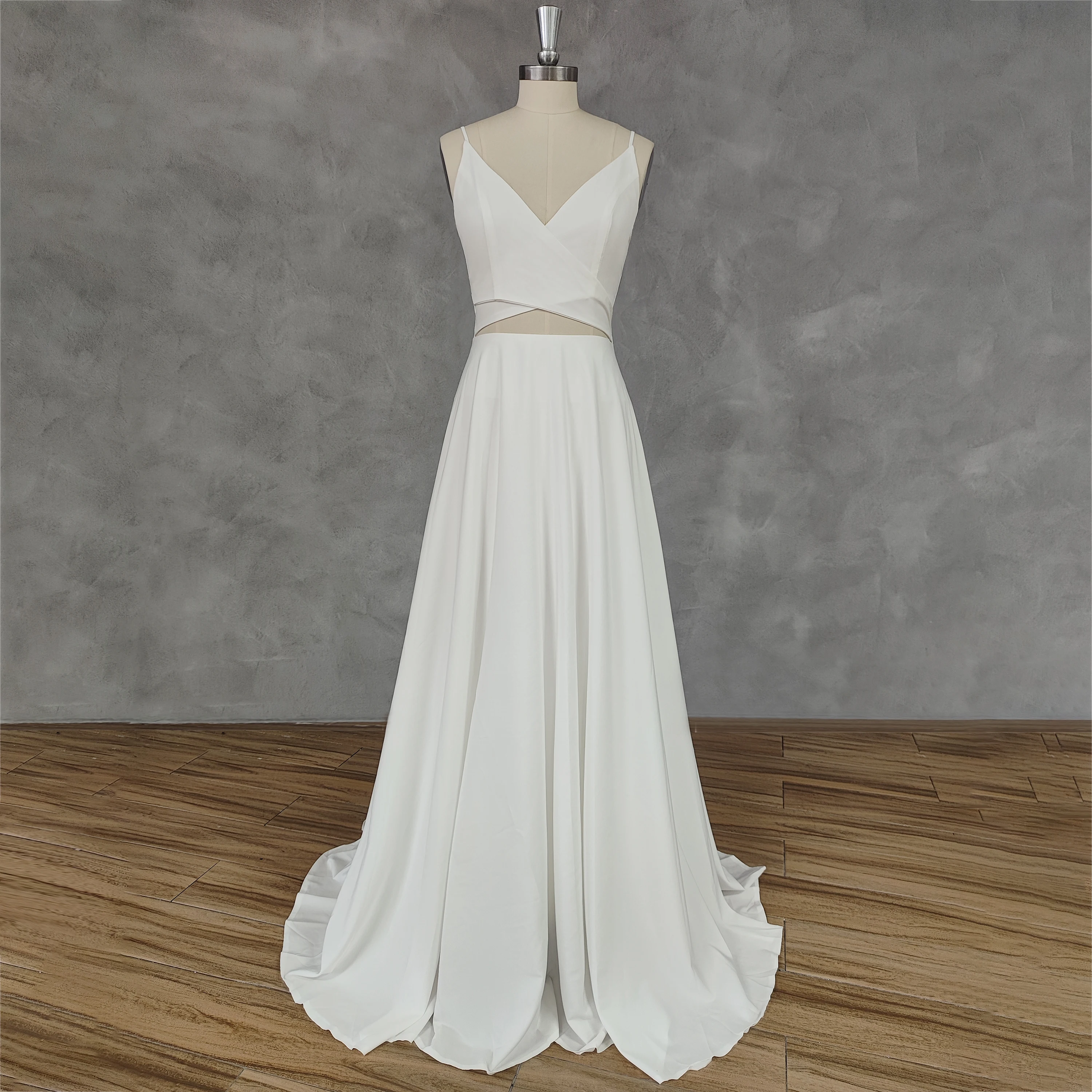 

DIDEYTTAWL Real Picture V-Neck Sleeveless Crepe Wedding Dress For Women Cut Out Open Back A-line Sweep Train Bridal Gown