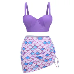 ROSEGAL Plus Size Women's Underwire Bikinis Shell Mermaid Scales Colorblock Print Cinched Skirt Tankini Set High Waist Swimsuit