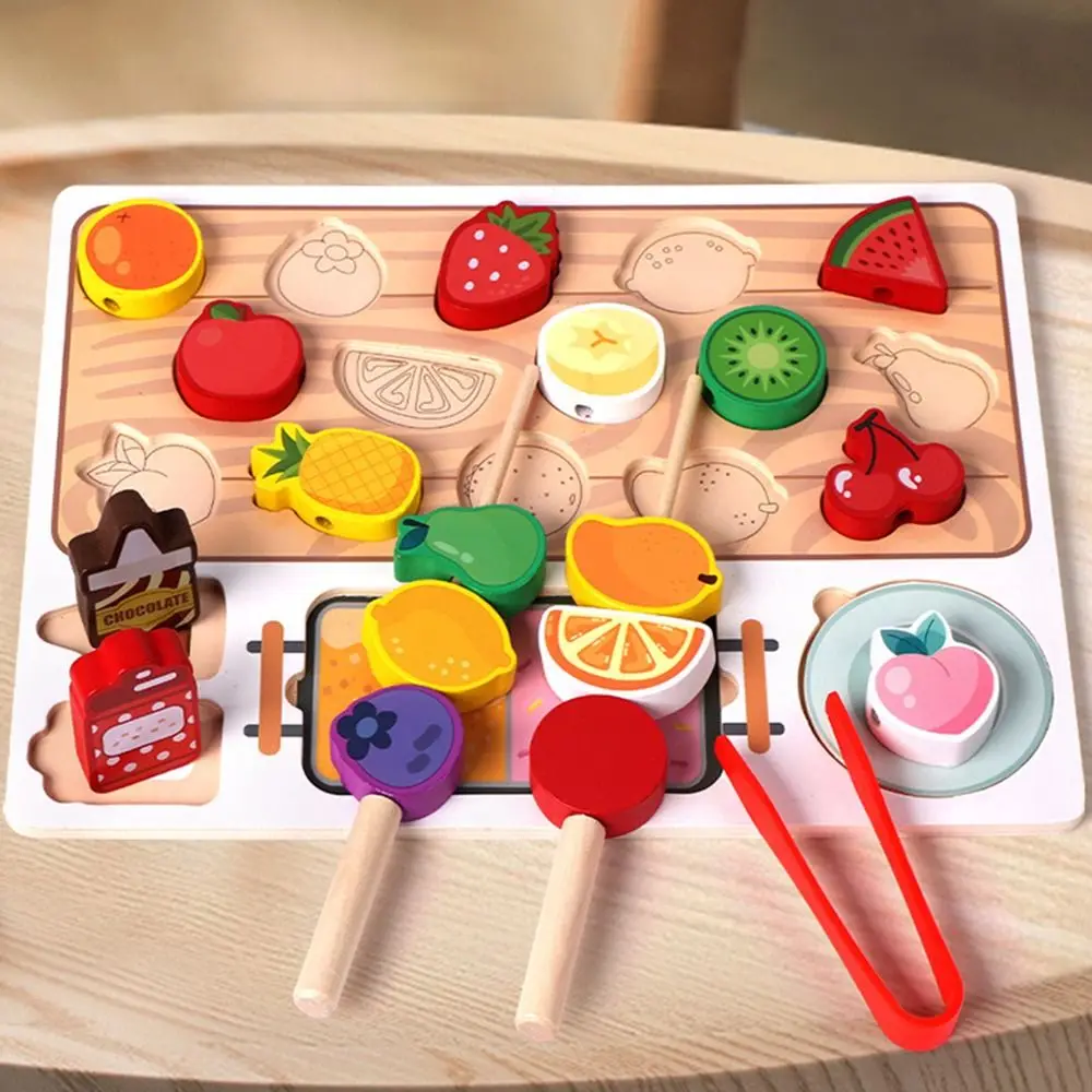 الإبداعية متعدد الألوان مونتيسوري خشبية الشواء الكرتون الفاكهة محاكاة الشواء DIY بها بنفسك اللعب منزل مطابقة ألعاب القطع