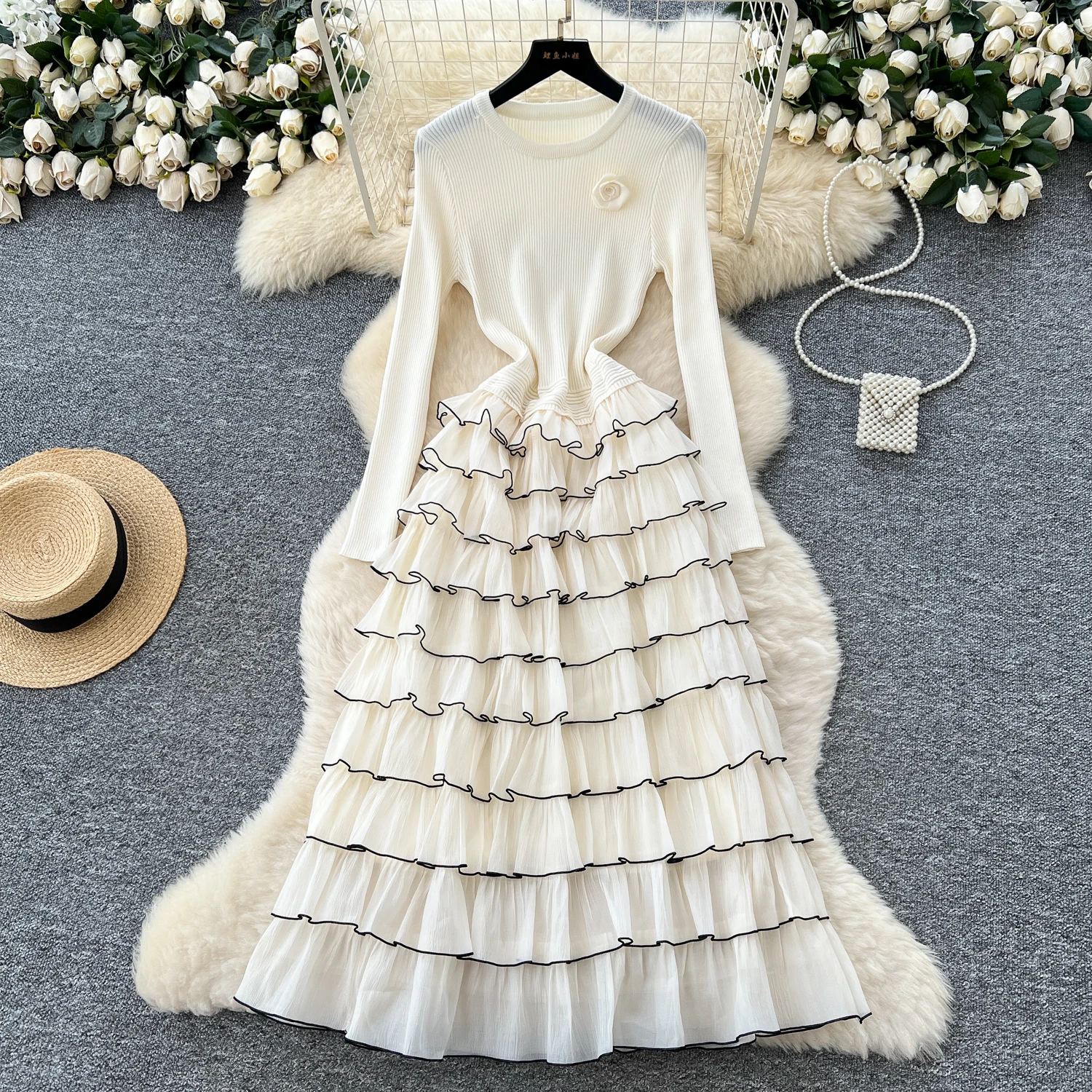 Abiti lunghi floreali a strati eleganti in maglia chic Abiti da sera francesi High Street autunno inverno abbigliamento donna