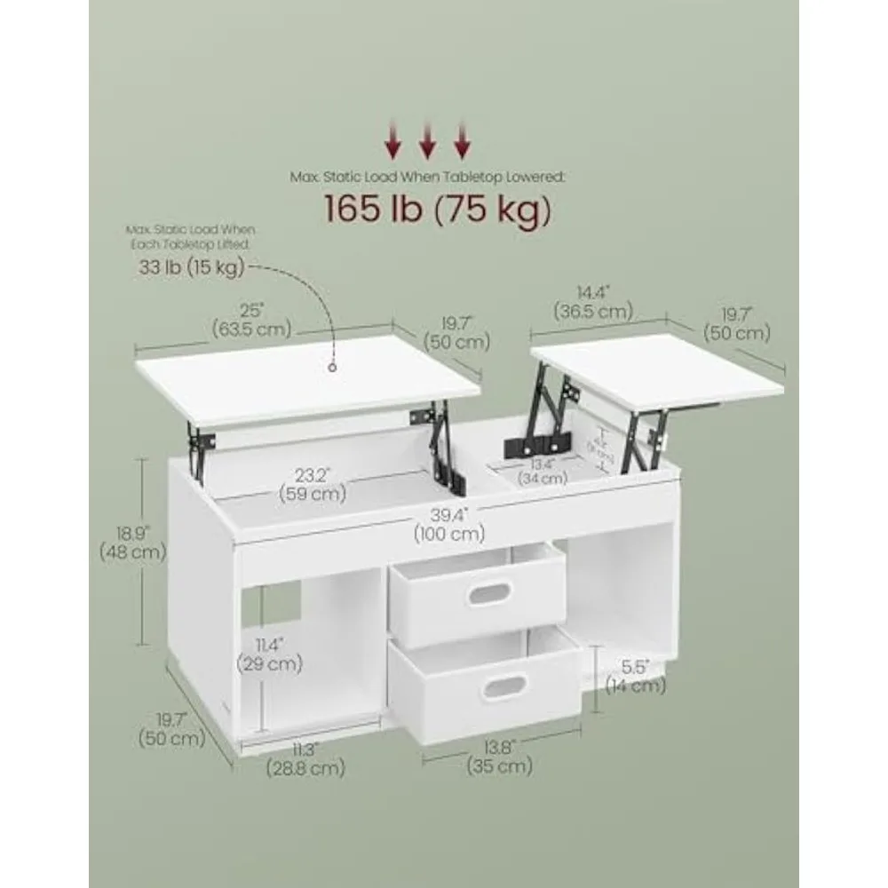 Salontafel, salontafel met hefblad, 2 lades en verborgen vakken, middentafel met heftafelblad, open vergelijking