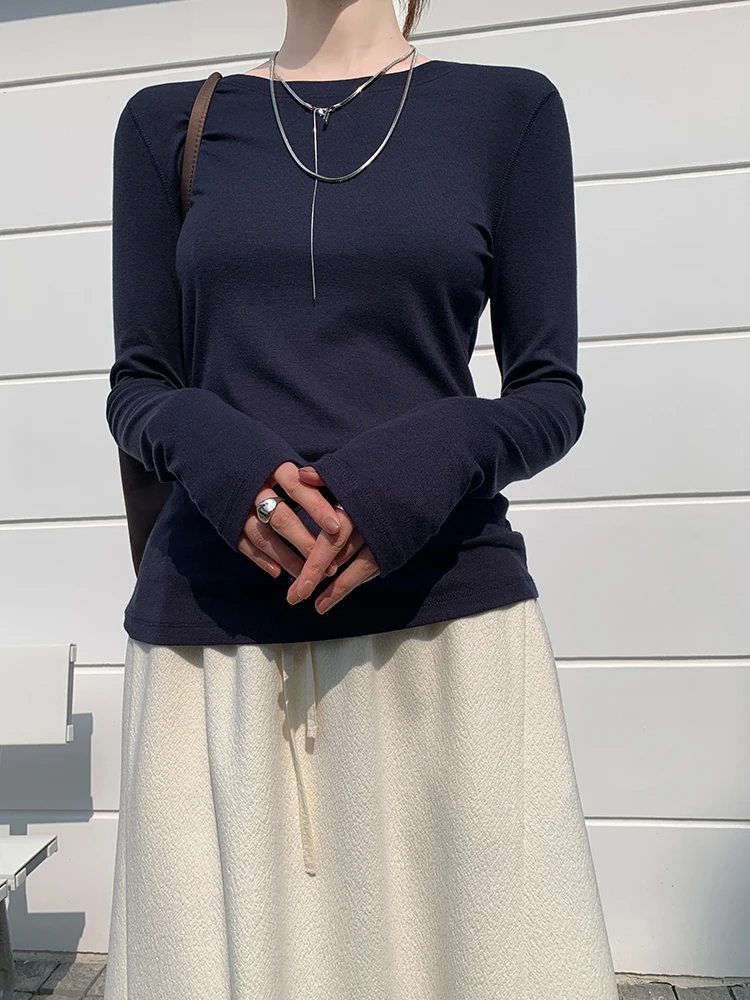 

Изысканная женская футболка Long Sve, тонкий шерстяной шелковый вязаный топ, повседневный круглый топ Ne, стандартная длина на осень-зиму