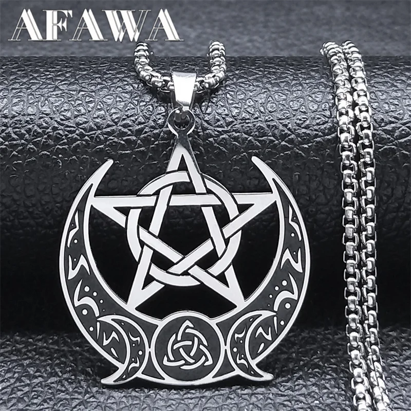 Witch Knot Pentagram Triple Moon Goddess Necklace for Women Men Stainless Steel Wicca Crescent Moon Chain Jewelry collar N9609S2