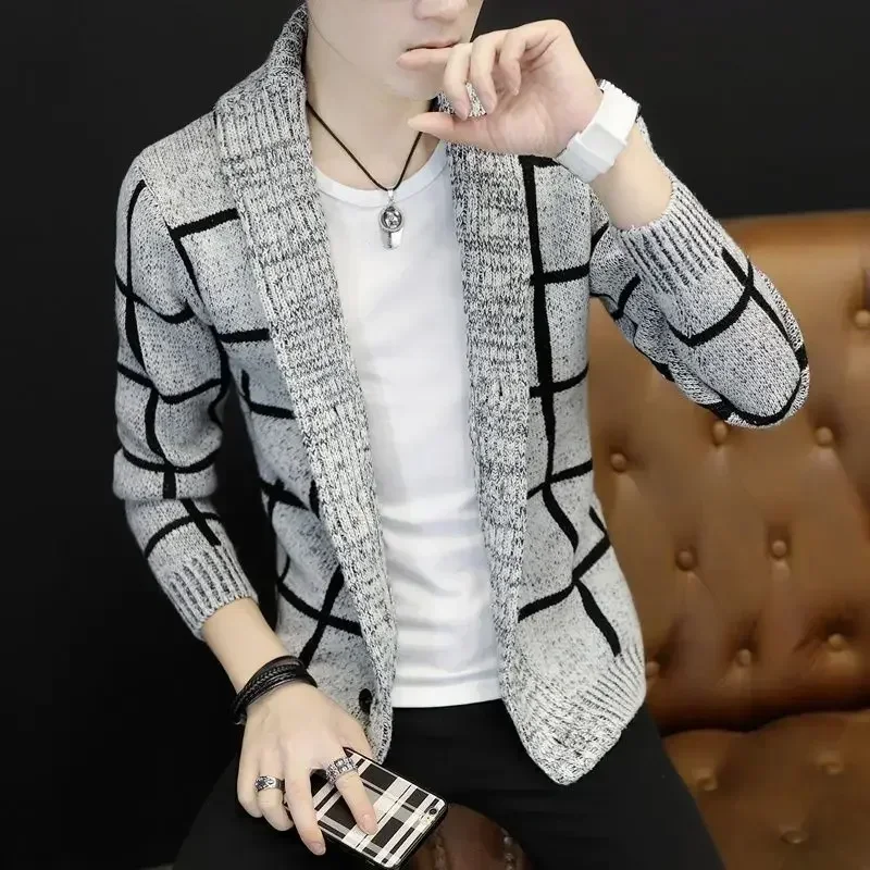 Knit Sweater Male Coat V Neck Jacket Plaid Men\'s Clothing Cardigan Fun Casual Knitwears Best Selling Products 2024 90s Vintage X