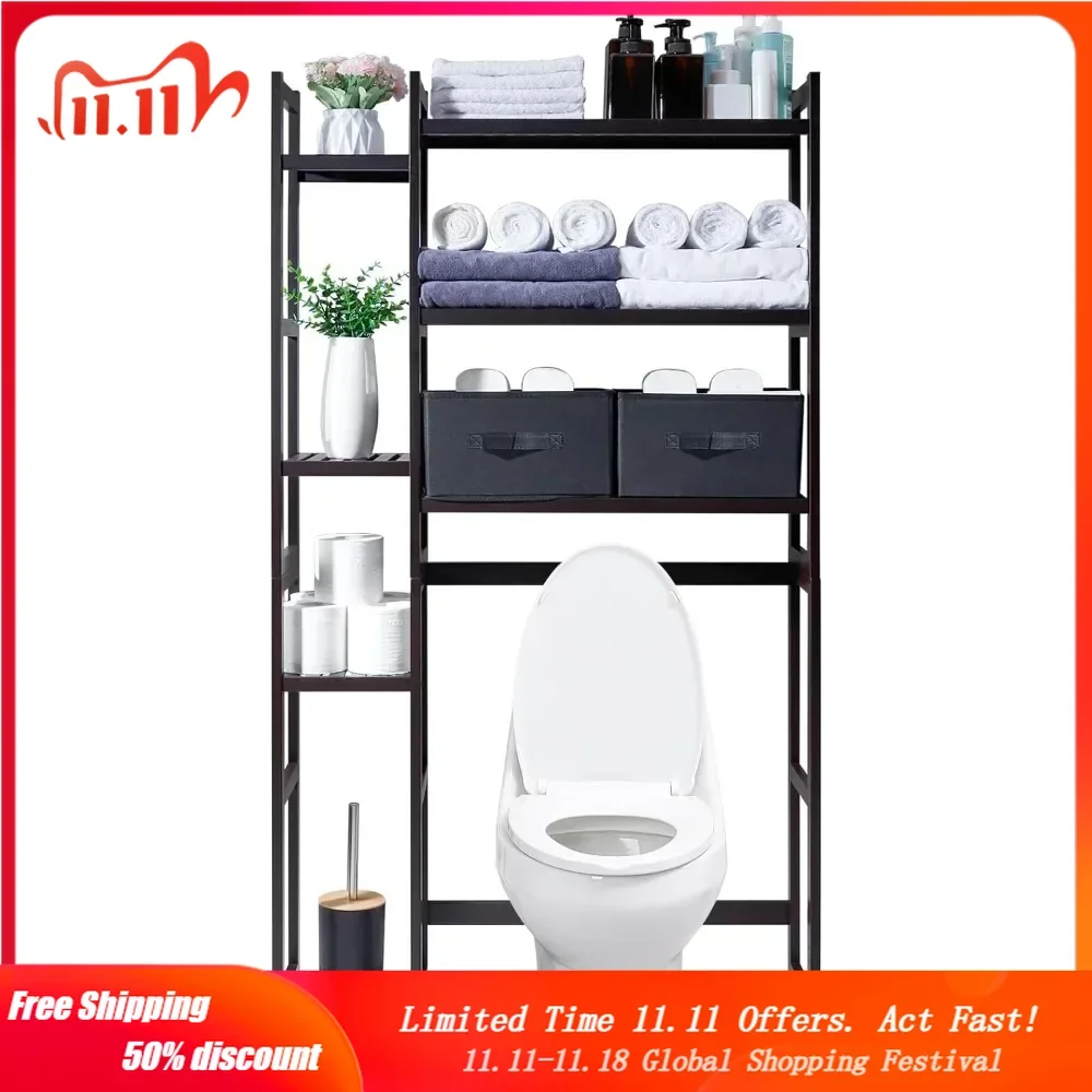 

Over The Toilet Storage with Basket and Drawer, Bamboo Bathroom Organizer with Adjustable Shelf & Waterproof Feet Pad