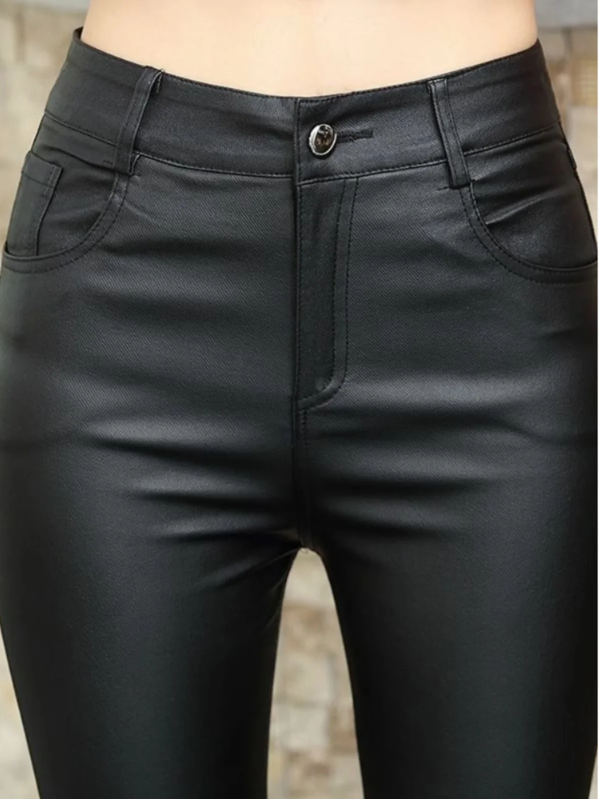 하이 웨이스트 PU 가죽 양털 안감 스키니 팬츠 여성용 베이스 레이어 바지 겉옷 여성용 바지 세련된 겨울 패션