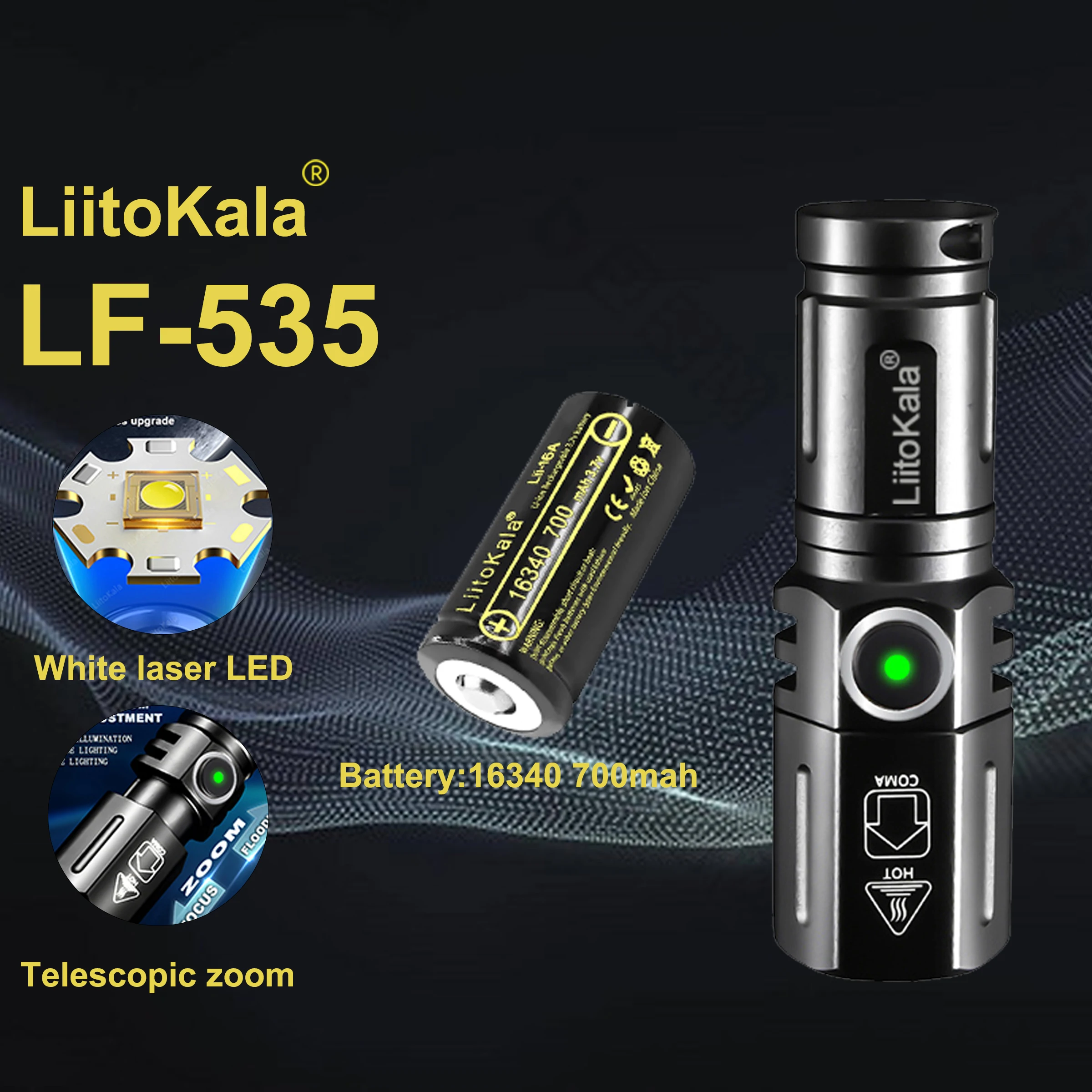 LiitoKala LF-535 Multi-Function Portable Flashlight Carry-On Compact LED Light with SOS Mode for Emergency Use