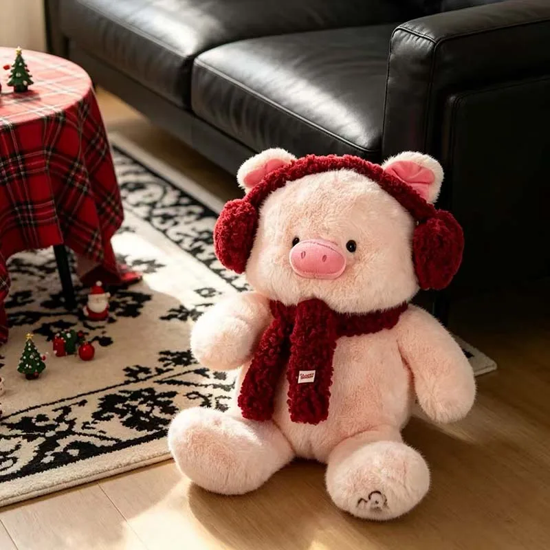 Christmas Cute Pink Pig Plush Doll with Red Scarf Earmuffs Squishy Stuffed Piggy Toy Christmas Home Decoration Birthday Gift