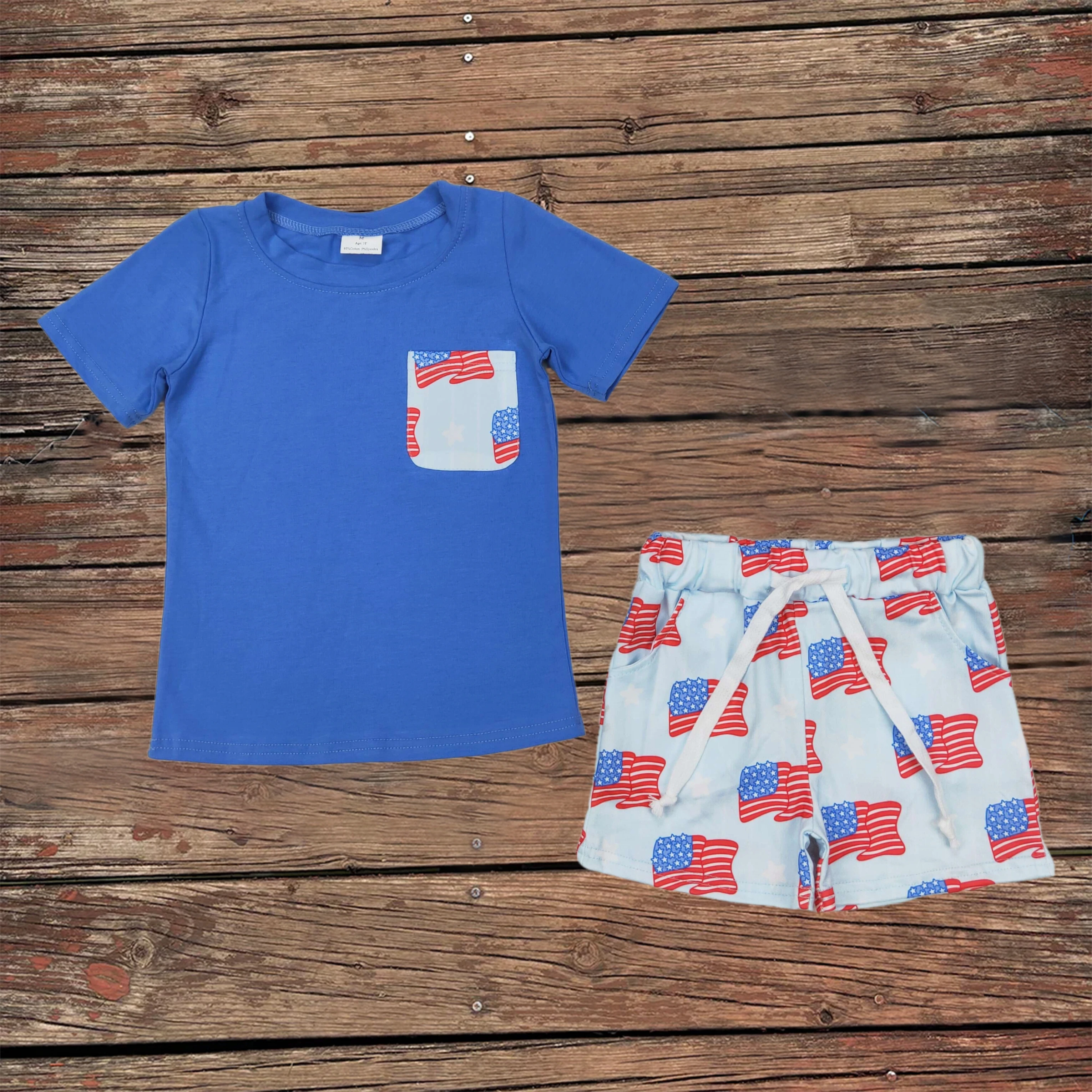 

Wholesale Baby Boy July 4th Flags Pocket Short Sleeves Blue Shirt Shorts Clothes Sets Kids Infant Summer Children Toddler Outfit