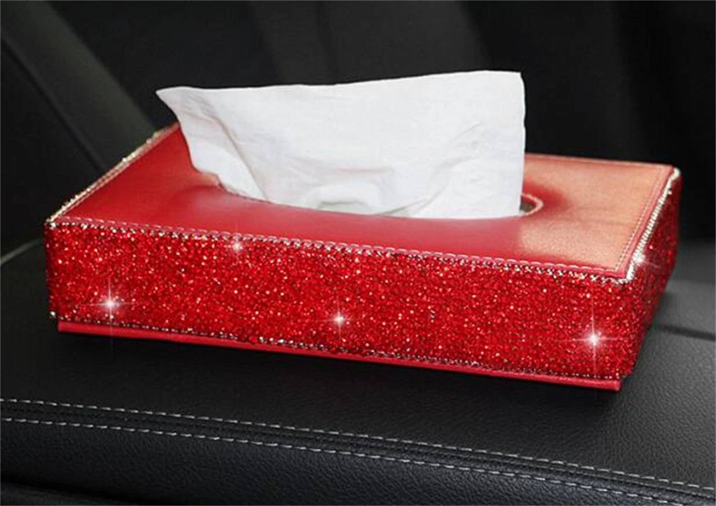 Bling Crystal Car Tissue Box Sun Visor Diamond Leather Auto Tissue Paper Holder Case Sunvisor Hanging Napkin Car Accessories