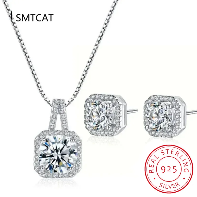 

S925 Sterling Silver Jewelry for women 1 carat moissanite diamond 2 pieces set Square necklace earrings wedding party Bijoux