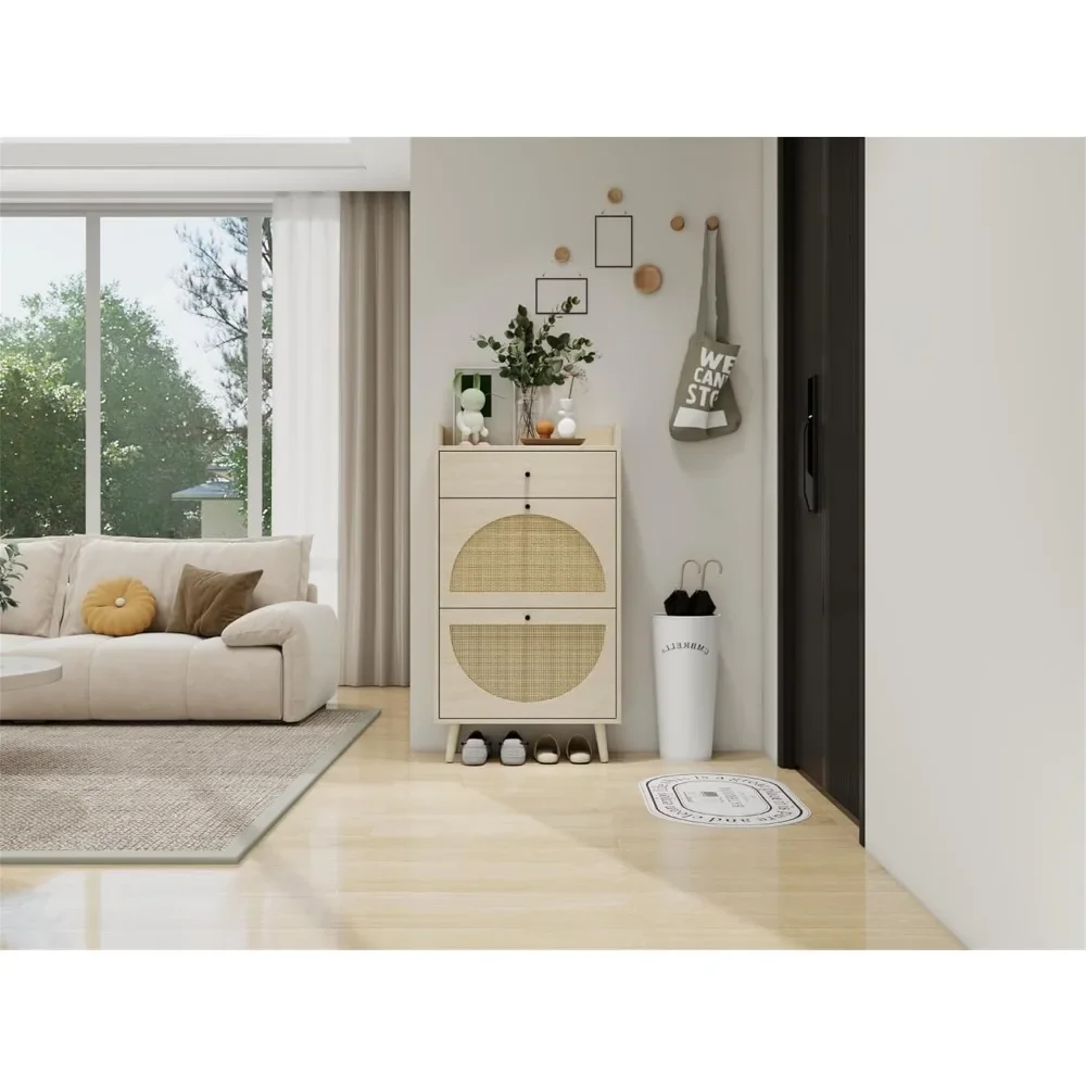 Rattan Shoe Cabinet with 2 Flip Drawers, 2-Tier Shoe Rack Storage Cabinet for Heels, Slippers, Free Standing Shoe Rack