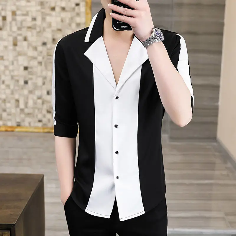 

2025 Summer Men Shirt Five-quarter Sleeve Slim Suit Collar Versatile Casual and Fashionable Cardigan