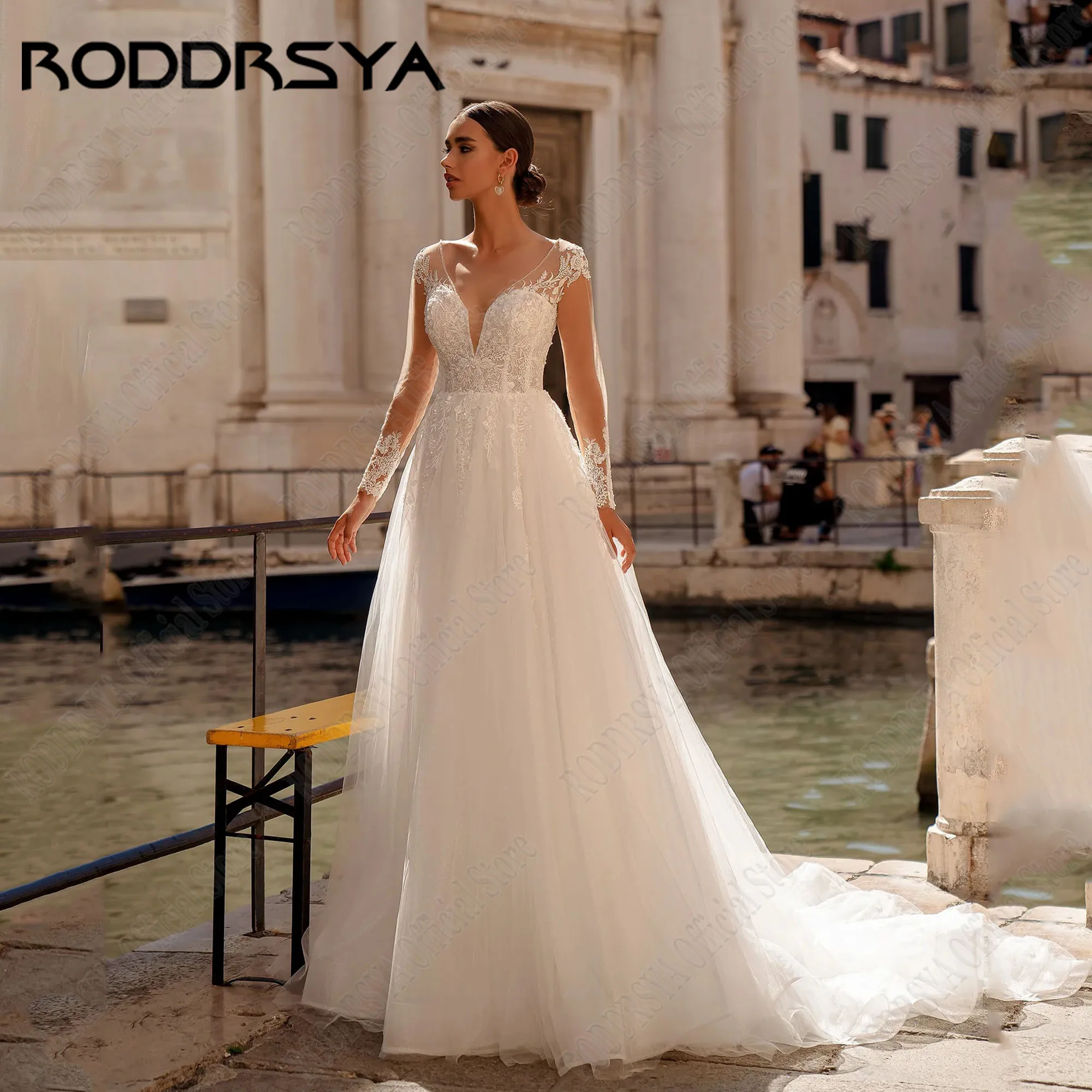 

RODDRSYA Backless Sequin Wedding Dresses Long Sleeves Applique A-Line Tulle Bride Gowns V-Neck Beading Vestidos De Novias