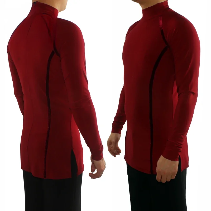 Men'S High Neck Professional Latin Dance Tops Ballroom Dance Practice Clothes Long Sleeves Velvet Adult Flamenco Shirt